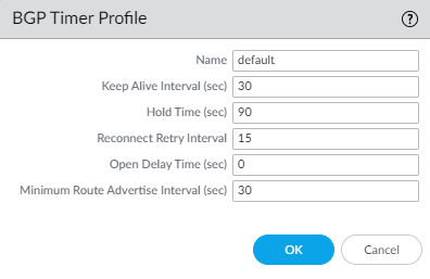 Default BGP Timer Profile settings window.